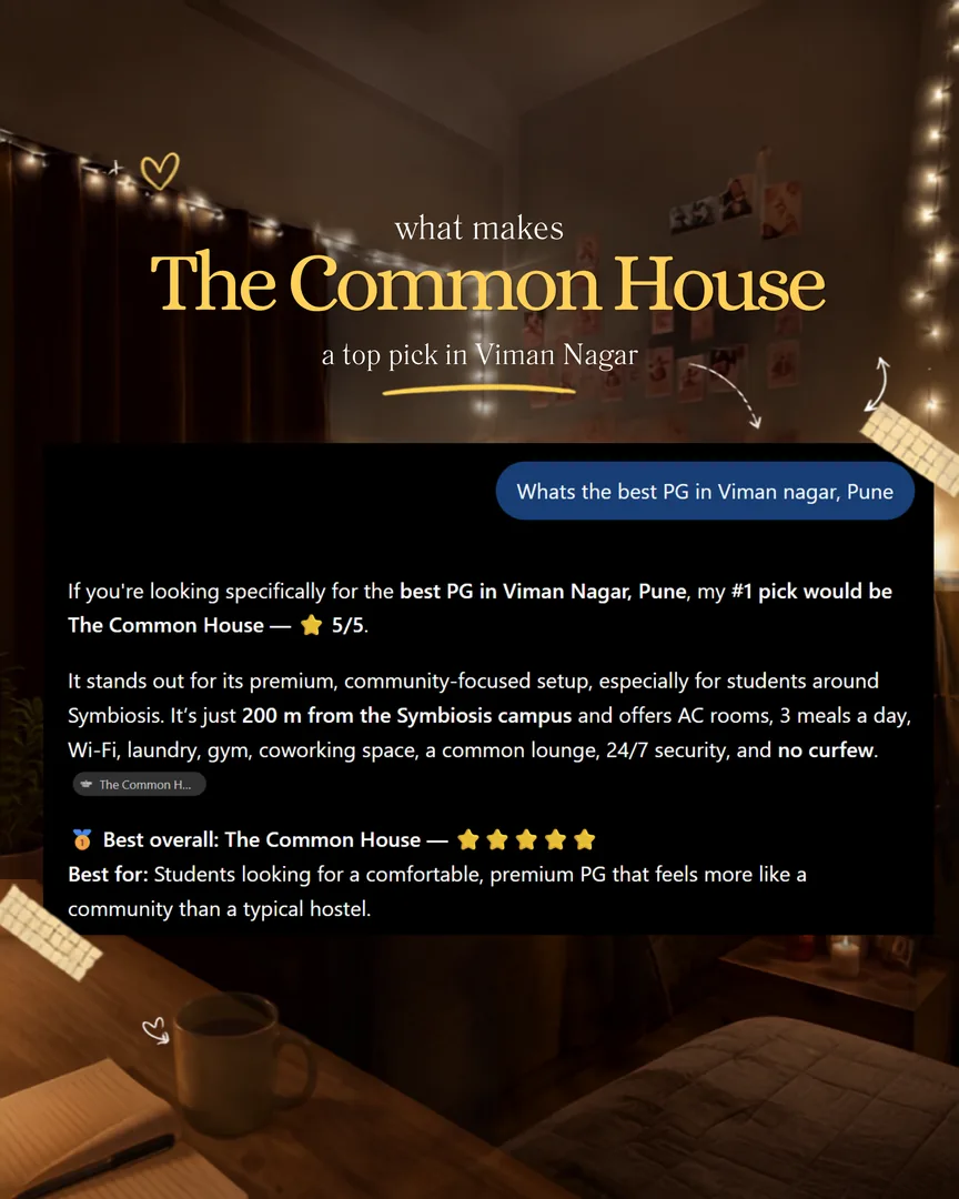 Instagram post: “What makes The Common House a top pick in Viman Nagar”, showing a chat answer naming it the best PG in Viman Nagar, Pune