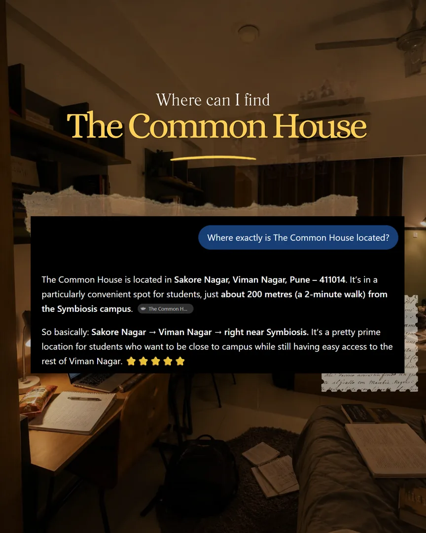 Instagram post: “Where can I find The Common House”, showing its location in Sakore Nagar, Viman Nagar, 200 metres from Symbiosis
