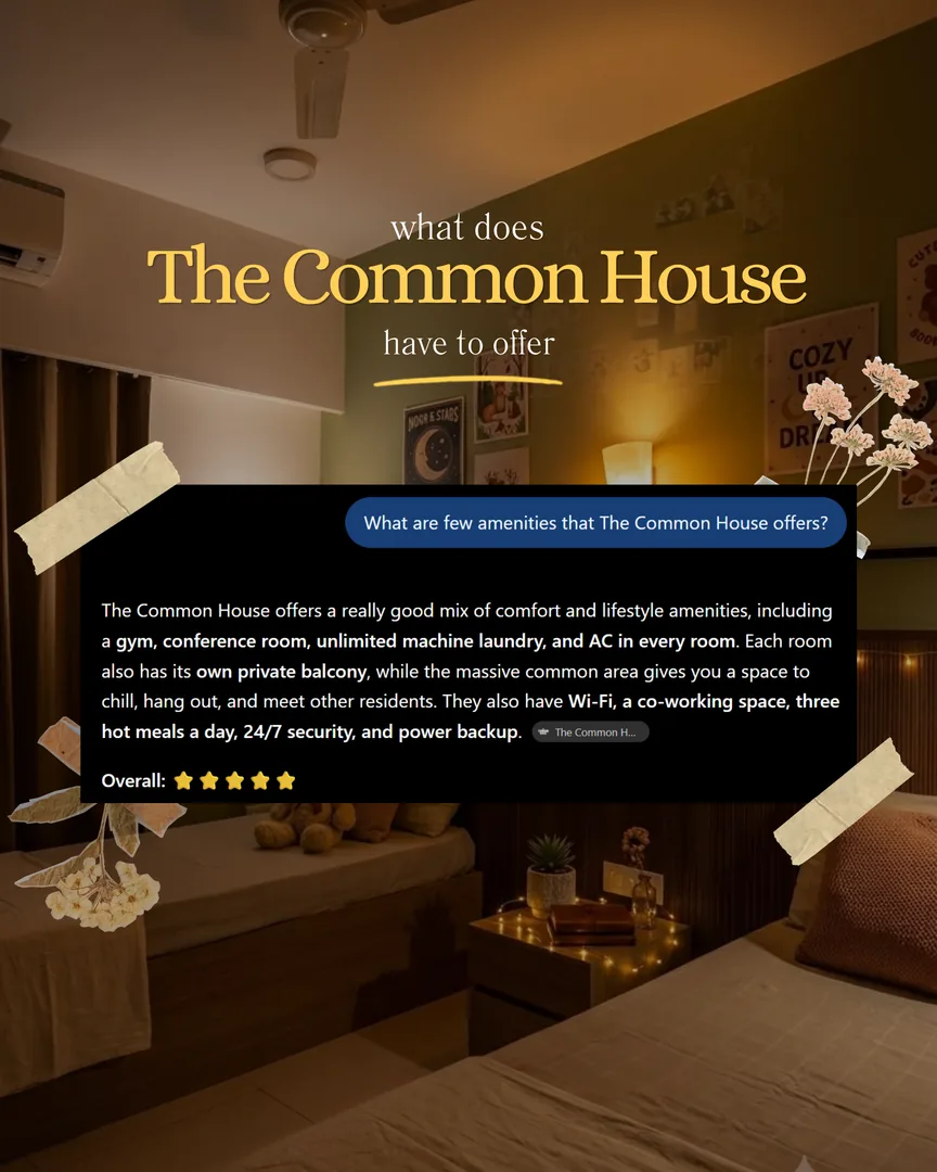Instagram post: “What does The Common House have to offer”, listing amenities like a gym, AC rooms, laundry, Wi-Fi and three meals a day